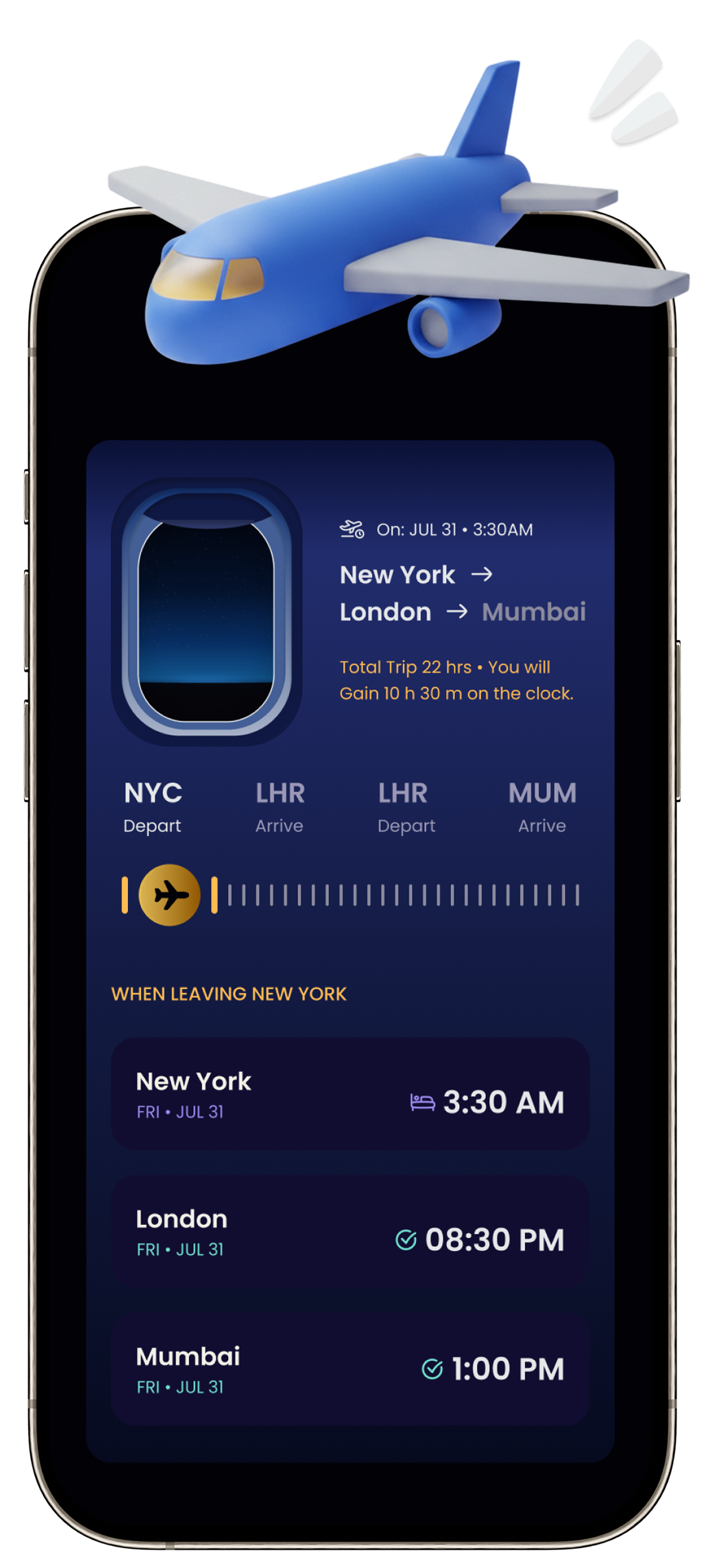 Worlds Apart Fly Mode showing a trip from New York to London to Mumbai and local arrival times