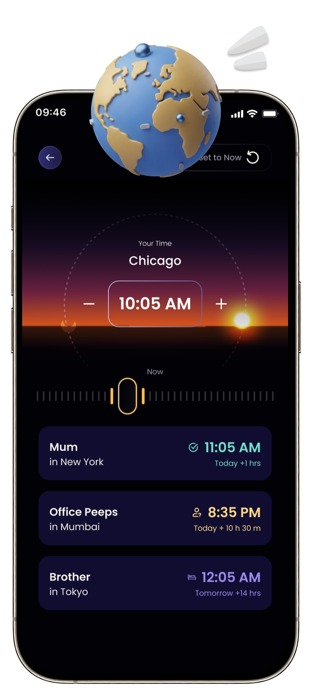 Worlds Apart Time Machine showing a time scrubber and local times for New York, Mumbai, and Tokyo
