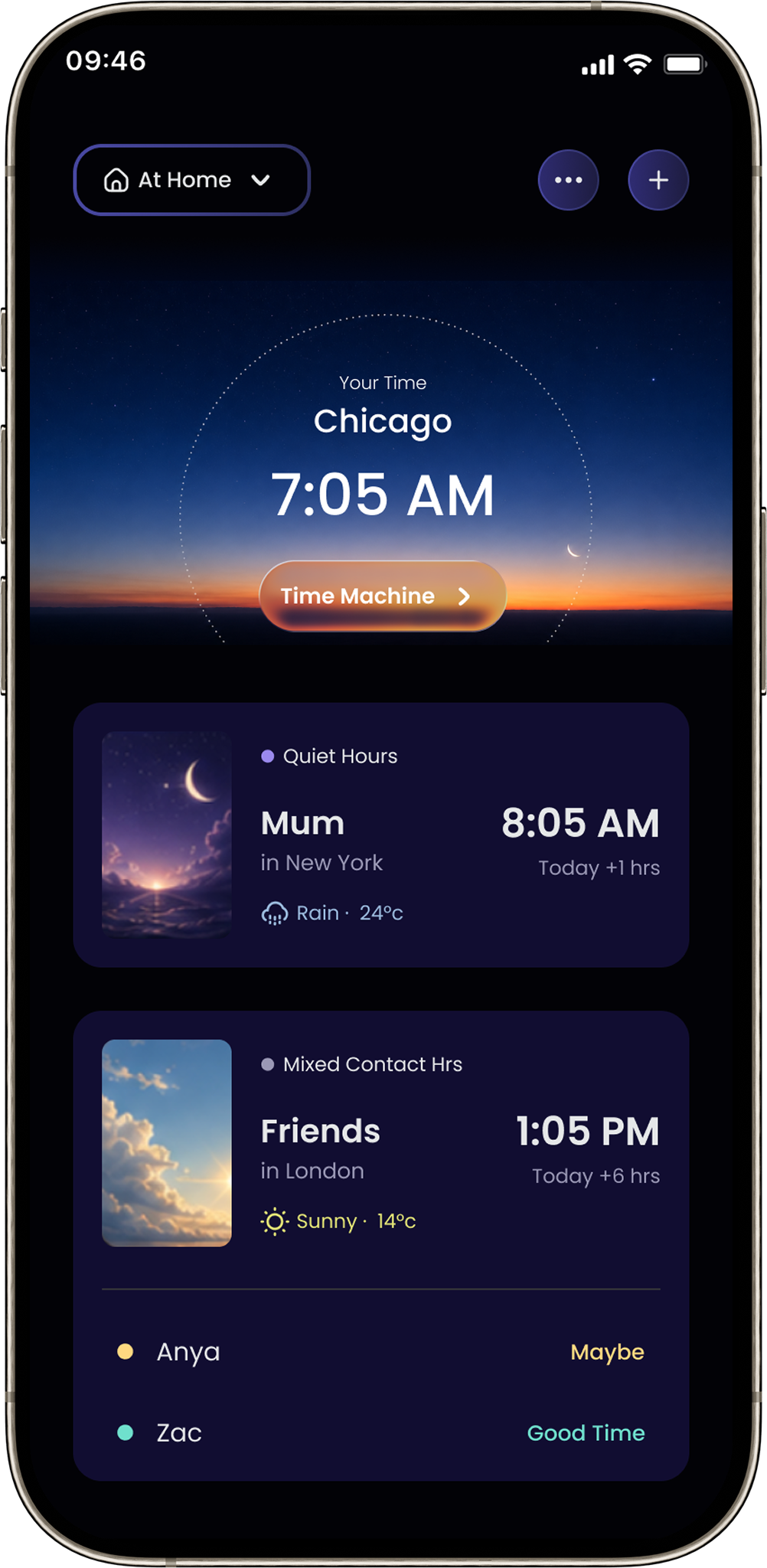 Worlds Apart app showing Chicago, Mum in New York, and Friends in London